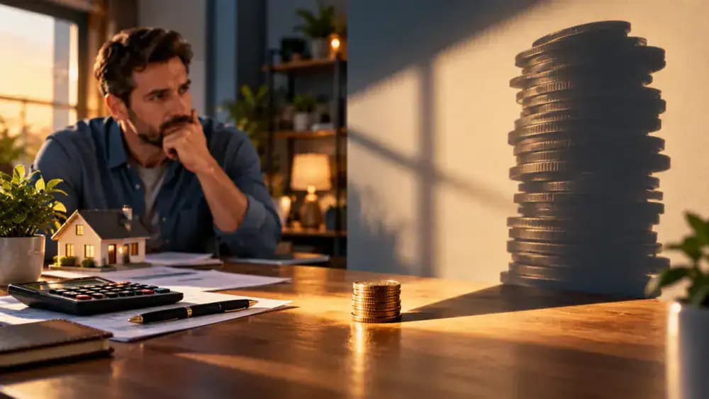 Small stack of payment coins standing before a much larger shadowed debt balance.