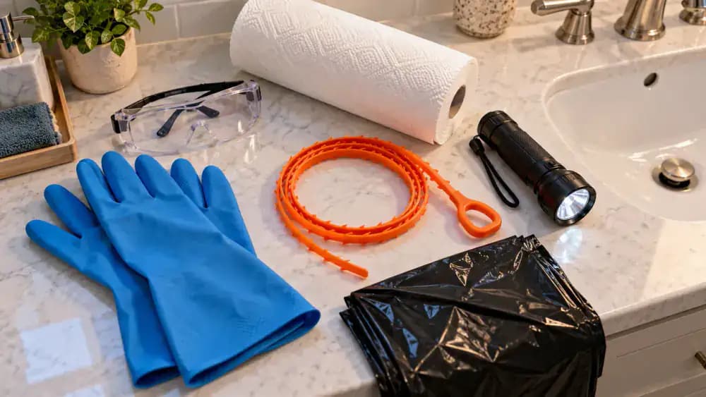 Overhead view of a bathroom countertop with disposable protective gloves, clear safety glasses, folded paper towels, a small trash bag, compact flashlight, and flexible barbed plastic drain-cleaning tool arranged on a dry towel beside a white sink.