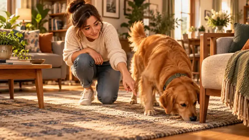 Owner gently indicating a broad search area while a dog sniffs near a chair