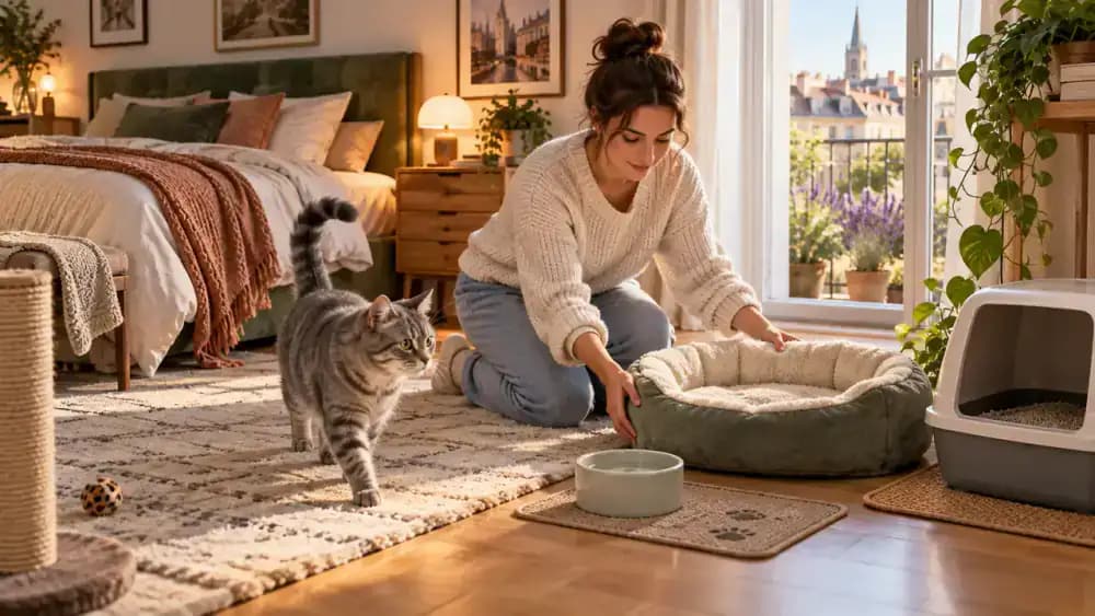 Warm spare bedroom with an owner arranging a familiar fabric cat bed beside a wooden dresser, a fresh water bowl on a washable mat, and a clean litter box in a separate corner while a gray tabby calmly explores.