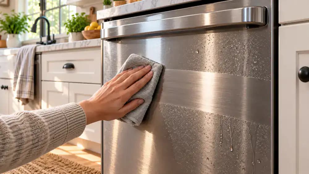 Close-up of a stainless steel dishwasher panel being dried horizontally with a clean microfiber cloth while moisture streaks disappear along the grain.