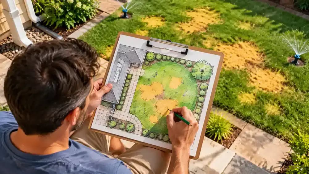 Homeowner crouching beside a patchy lawn and marking yellow grass areas, a walkway, downspout, and sprinkler locations on a clipboard map.