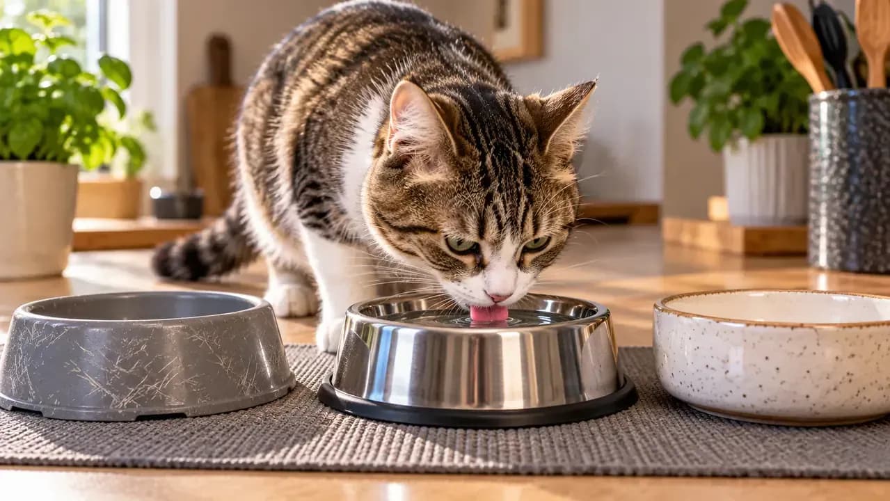 Plastic stainless steel and ceramic cat bowls compared while a cat approaches the stainless steel bowl