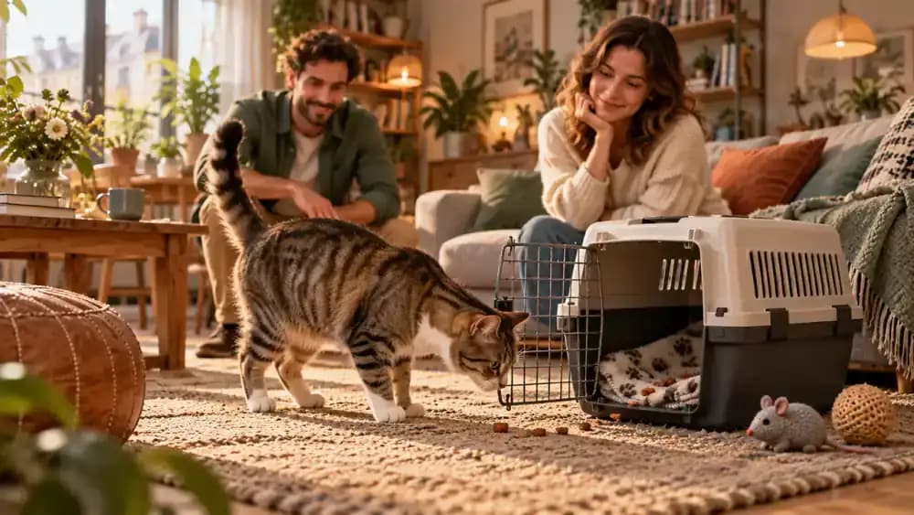 Cat following treats from the entrance toward the back of an open carrier