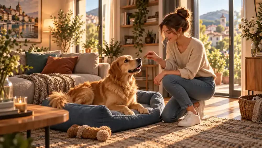 Bailey curls up voluntarily on his soft blue bed beside a sofa while Emma sits nearby offering a small treat, with a folded blanket and favorite toy within reach.