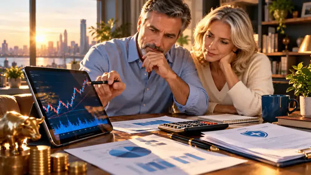 Financial market chart displayed beside an indexed annuity insurance contract.