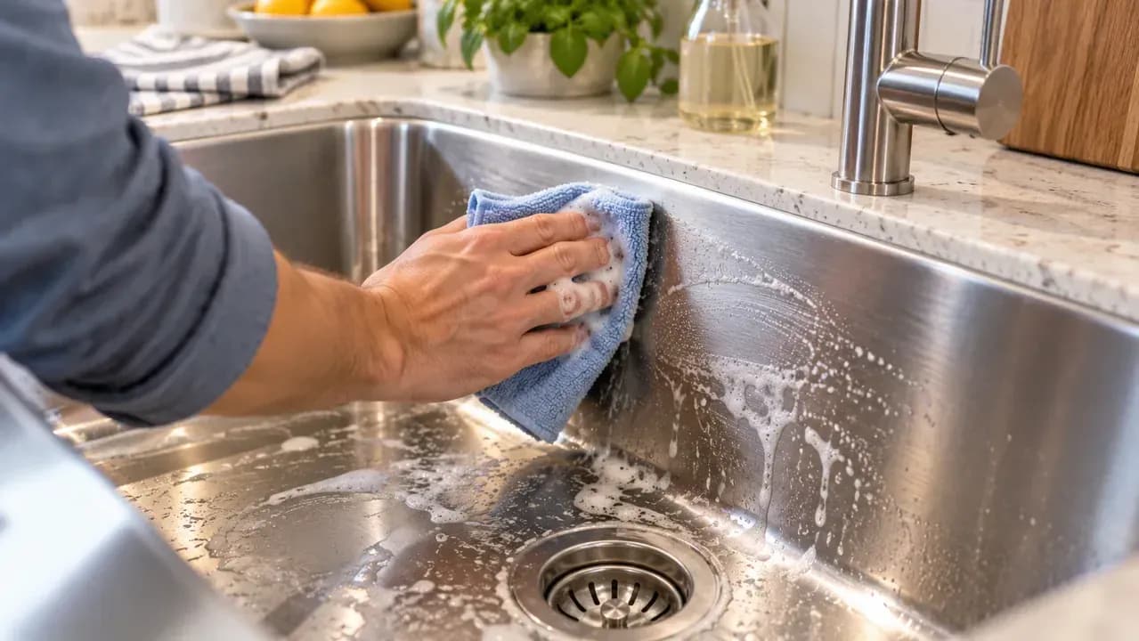 Adult homeowner applying mild dish soap to a damp microfiber cloth and wiping a stainless steel sink basin in overlapping strokes that follow the visible grain.