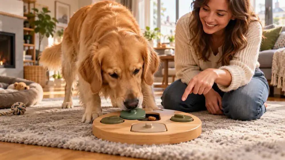 Golden retriever nudging a puzzle slider and revealing a treat