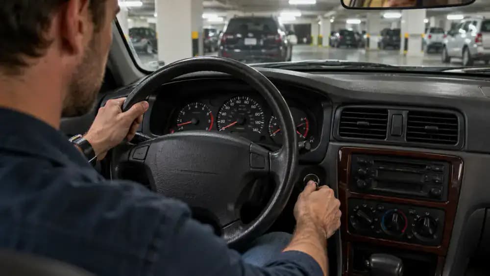 Driver turning the ignition key in a parked American sedan while the dashboard warning indicators remain illuminated and the tachometer stays at zero.