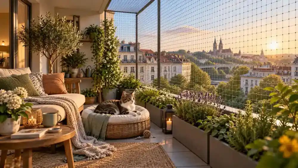 Cat relaxing on an urban balcony enclosed with secure cat-safe netting and furniture placed away from railings