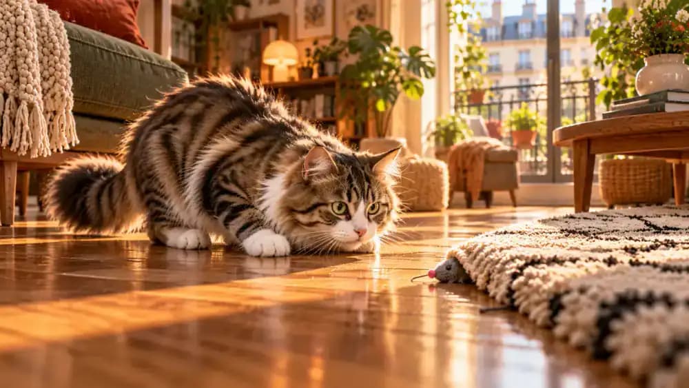Cat crouching while a toy twitches behind a rug