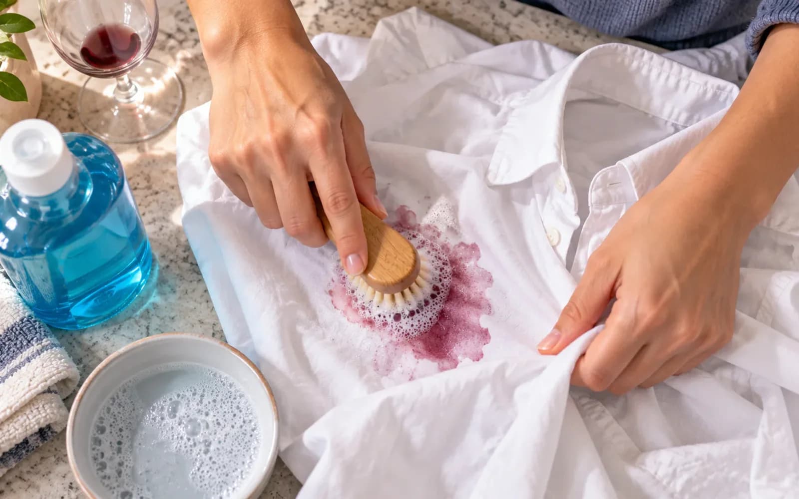 Overhead view of a damp white shirt with a red wine stain being treated with liquid detergent and a soft laundry brush while the product label is checked for timing instructions.