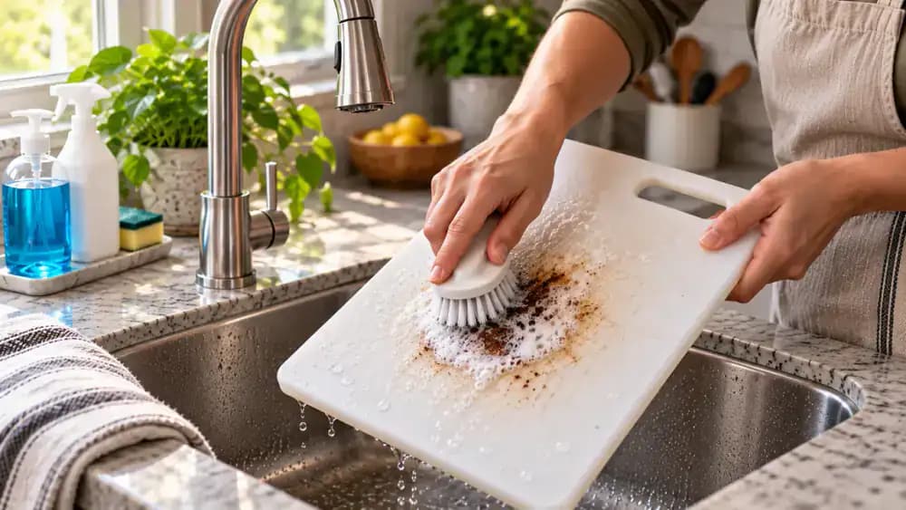 Light-colored plastic cutting board over a sink with dish soap applied to a dark stain while a small nonabrasive nylon brush scrubs the spot before rinsing and inspecting knife cuts.