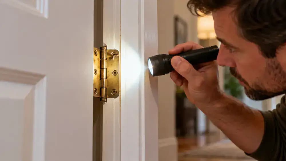 Close-up of a brass-colored interior door hinge on a white painted door in an American home hallway. A homeowner shines a flashlight on three Phillips-head screws, revealing one loose screw raised above the hinge plate while keeping the other hand on the door handle.