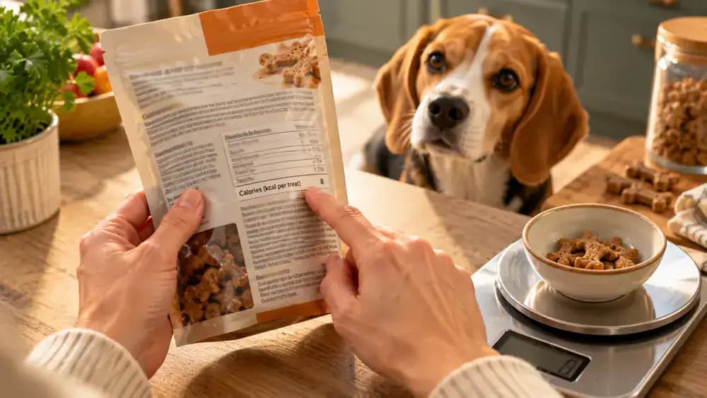 Close-up of an owner pointing to calorie information on the back of a dog treat package, with ingredients and feeding guidelines visible, reading glasses and a digital kitchen scale nearby, and a Beagle in the background.