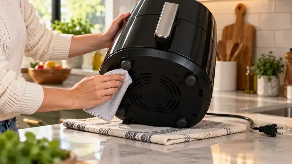Unplugged appliance tilted on its side over a folded dry towel while one hand steadies it and the other wipes a rubber foot and solid underside with a damp microfiber cloth, avoiding vents and screw openings.