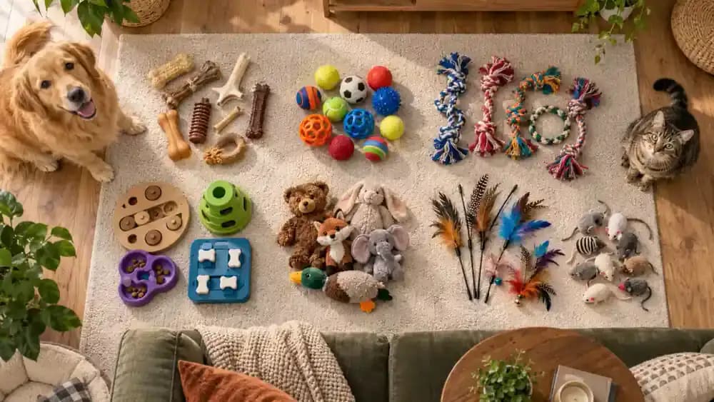 Pet toys organized into chew, fetch, tug, puzzle, plush, and cat hunting groups