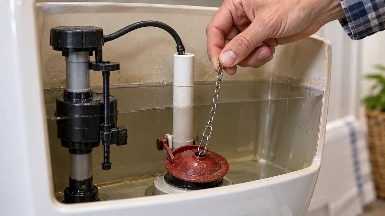 Close-up inside a mostly drained toilet tank showing a seated flapper while a hand checks the flush chain for proper slack and tangles near the lever arm.