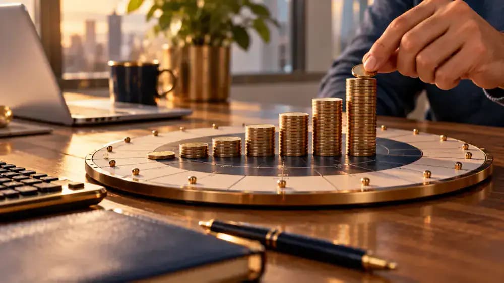 Circular arrangement of calendar pages surrounded by progressively larger stacks of coins.