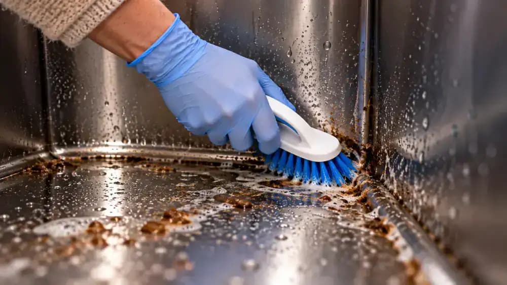 Gloved person using a soft detail brush to remove softened residue from trash can seams, bottom edges, and interior corner grooves.