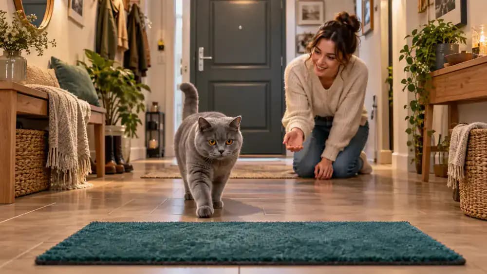 Gray British Shorthair cat approaching a soft teal rectangular mat several feet from a closed wooden front door while a woman kneels nearby encouraging it.