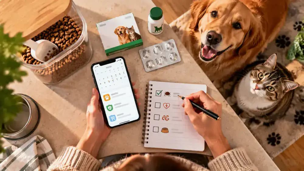Pet owner adding treatment dates, advance notifications, and a refill alert to a digital calendar, then checking off a completed treatment beside a pet food container.