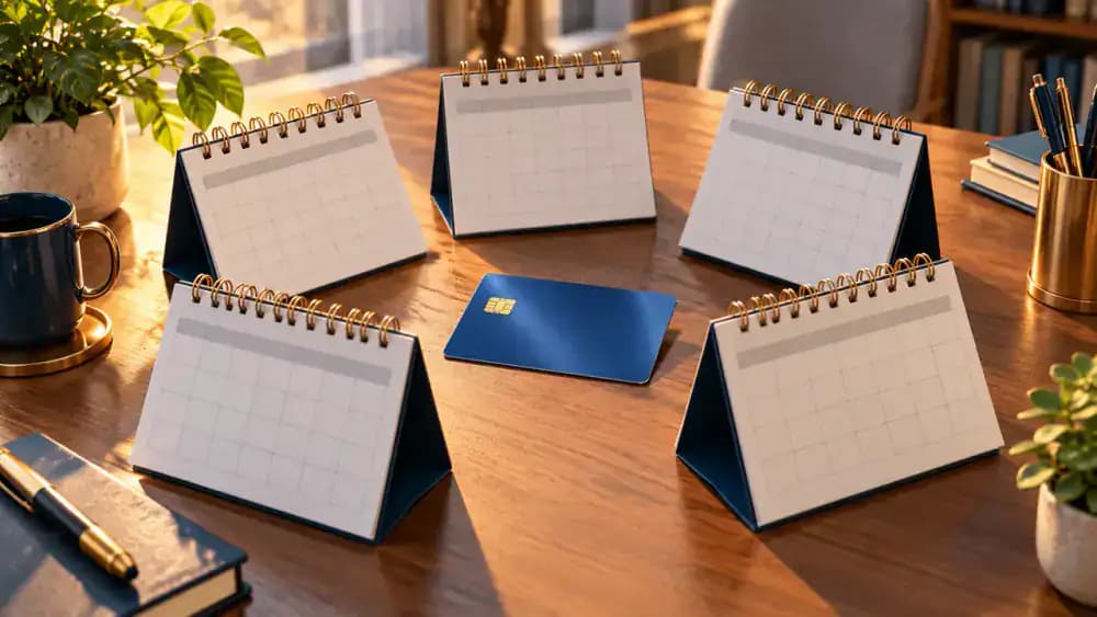 Six blank monthly calendar pages surrounding an unused credit card on a neutral background.
