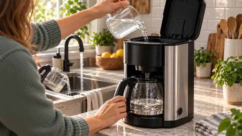 Hands emptying used descaling liquid from a coffee maker carafe, rinsing and refilling the reservoir with fresh water, then running a water-only rinse cycle.