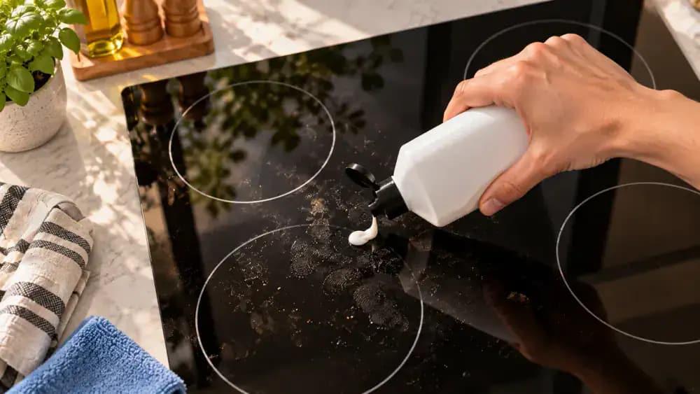 Close-up of a hand dispensing a small amount of creamy glass-ceramic cooktop cleaner onto greasy fingerprints near the rear burner of a cooled black electric stovetop, with a cleaner bottle beside the stove and a microfiber cloth on the countertop.