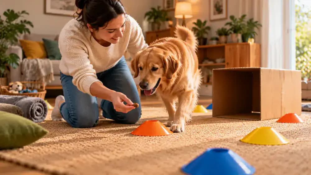 Owner kneeling beside a weaving marker and guiding a dog around it with a treat, rewarding the movement before demonstrating a wider, easier path.