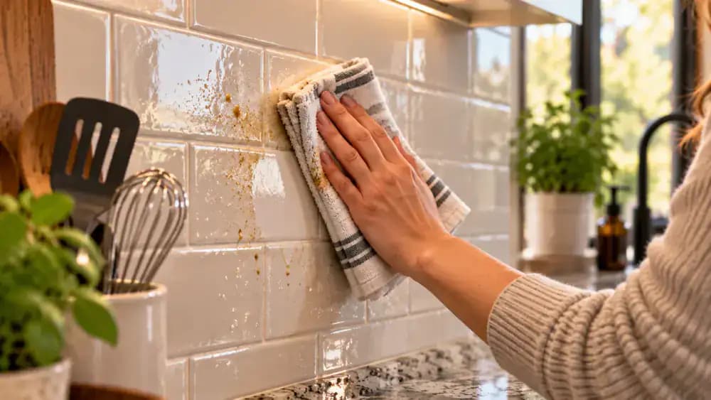 Close-up of a hand holding a lightly dampened microfiber cloth against a stubborn grease spot on glazed tile before wiping it away, with nearby grout kept dry.