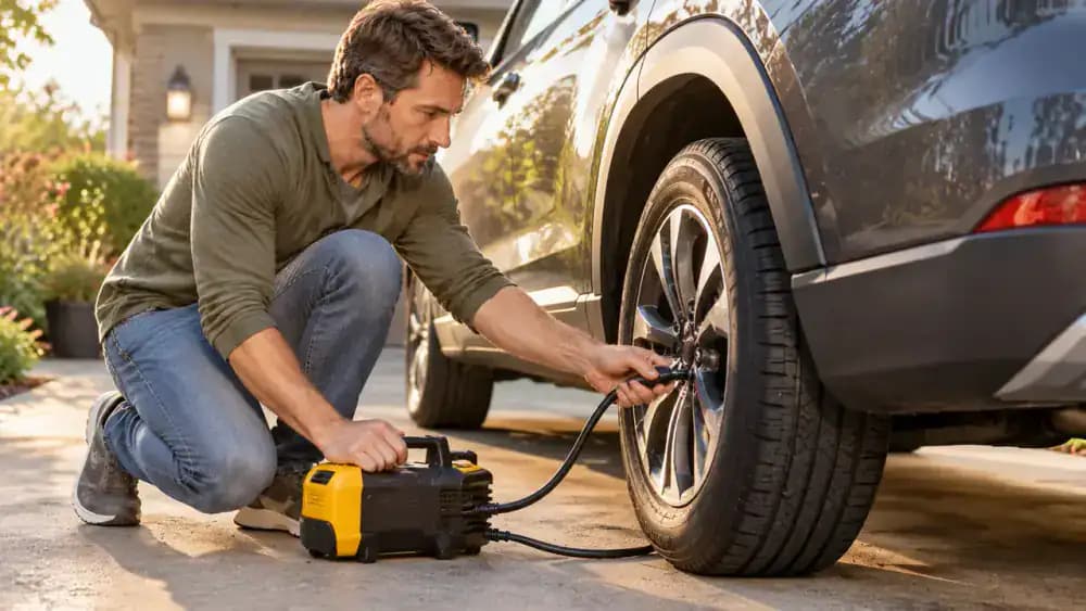 Driver kneeling beside a parked SUV's rear tire, adding air with a portable compressor while holding a handheld pressure gauge ready to recheck inflation.