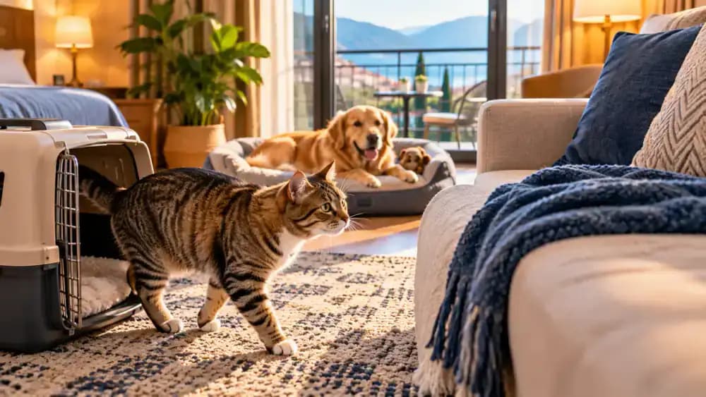 Golden retriever calmly sniffing a hotel sofa while its owner supervises, alongside a tabby cat cautiously emerging from an open carrier near a familiar blanket.
