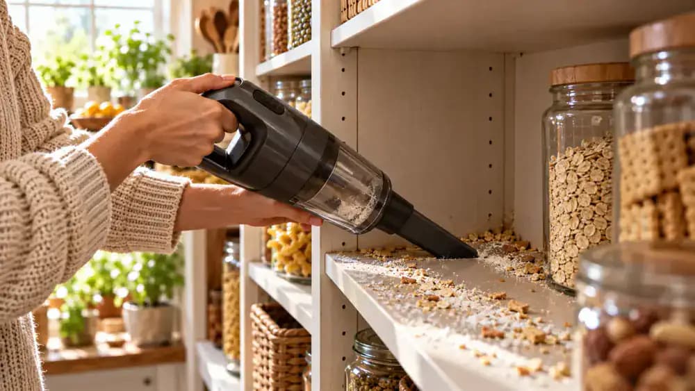 Close-up side view of a hand using a compact vacuum hose with a narrow crevice attachment to remove dry white flour and cracker crumbs from an empty kitchen pantry shelf, reaching into the rear corner while leaving a small amber syrup ring untouched.
