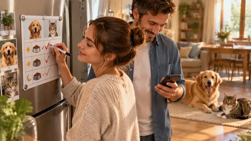 An adult marks the completed morning meals for a dog and cat on a colorful magnetic feeding chart attached to a refrigerator while another family member checks the same entries on a smartphone. The Golden Retriever and tabby cat rest contentedly near their empty bowls.