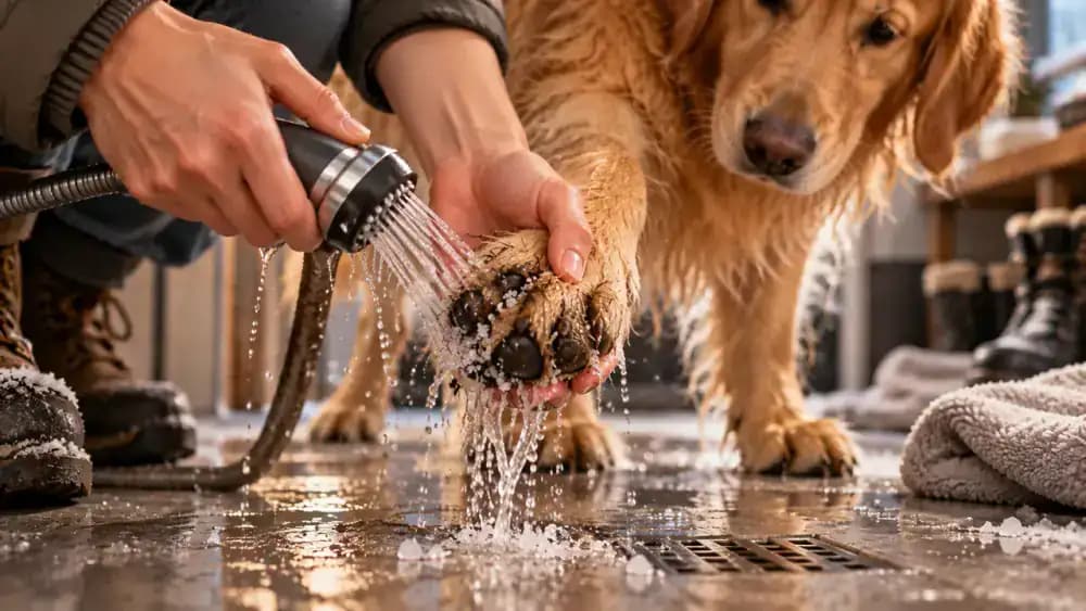 Detailed close-up of an owner gently spreading a golden retriever's toes and rinsing away visible salt crystals and trapped grit with lukewarm water, with a snowy sidewalk visible through a nearby window.