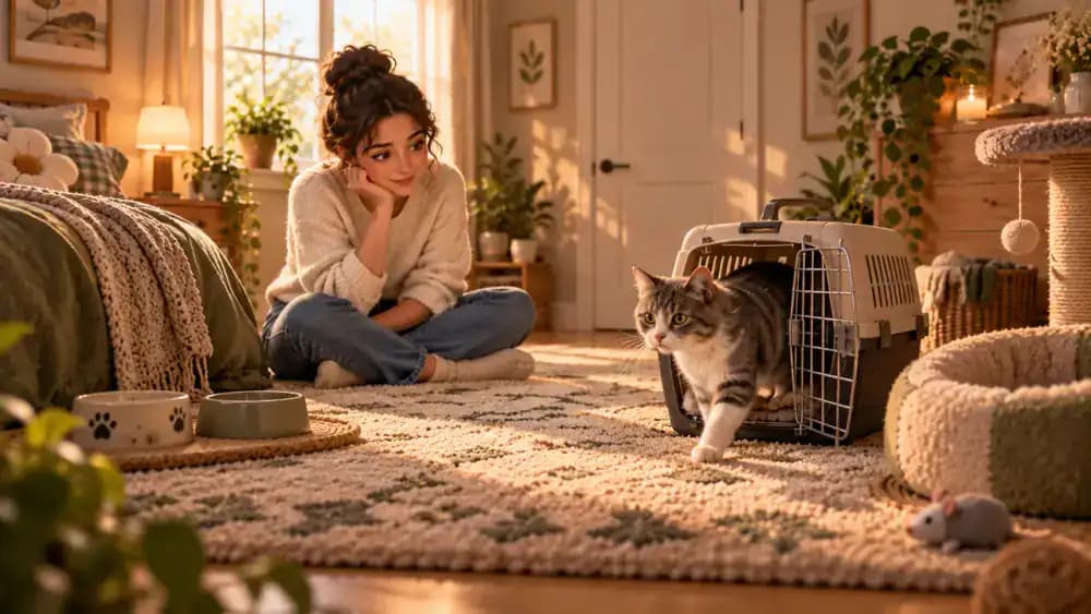 Luna cautiously steps from an open cat carrier into her safe bedroom while her owner sits quietly nearby