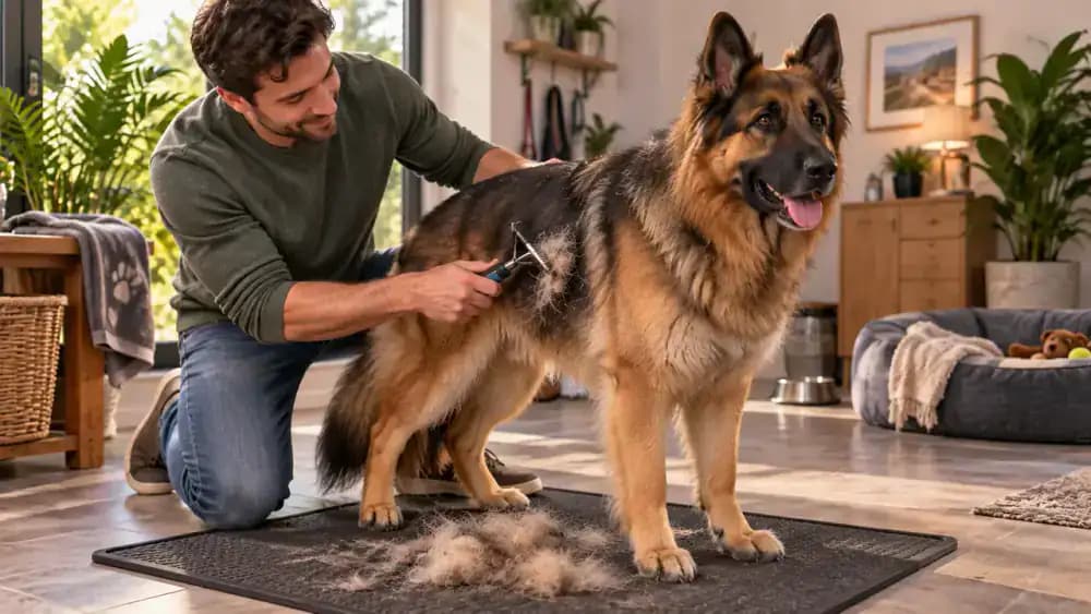 Double-coated dog being groomed carefully with an undercoat rake