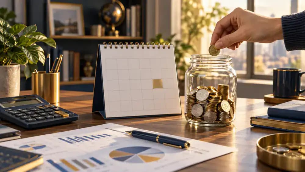 Clock beside a secured stack of savings