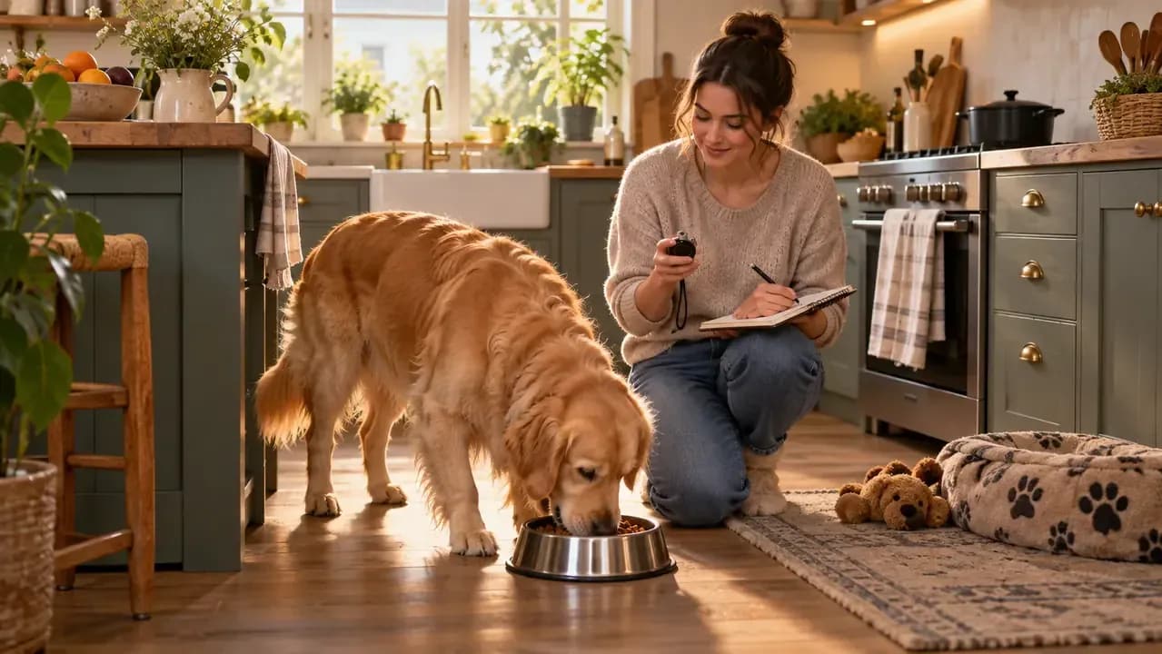 Measured dog kibble beside a kitchen scale and feeding bowl