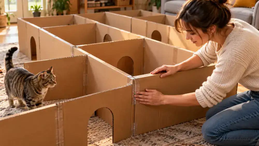 Adult joining cardboard maze sections with tape along exterior seams, reinforcing corners, and gently testing the structure for stability.