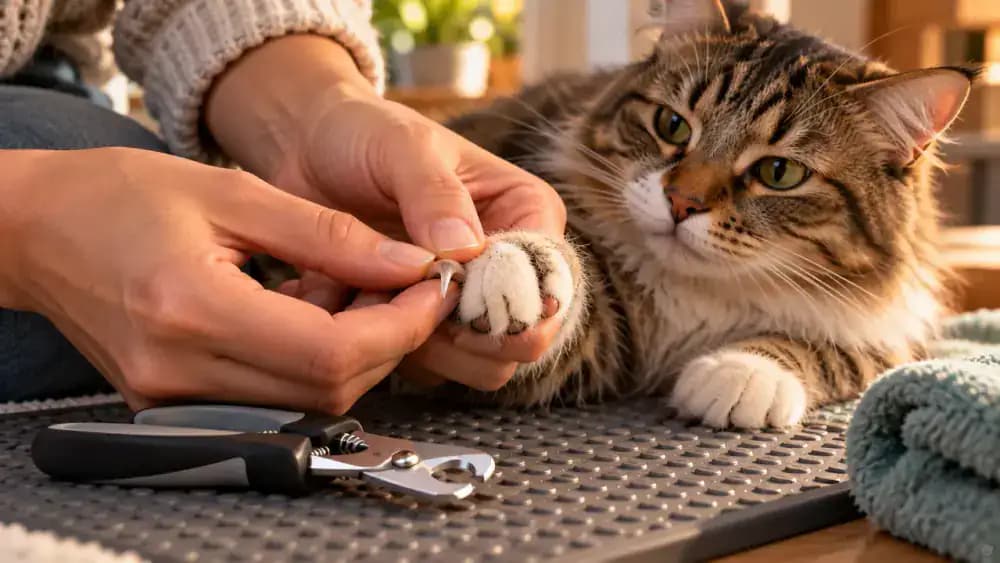Detailed close-up of a calm cat on a nonslip grooming mat while its owner gently presses a toe pad to extend one claw, with closed nail clippers held nearby.