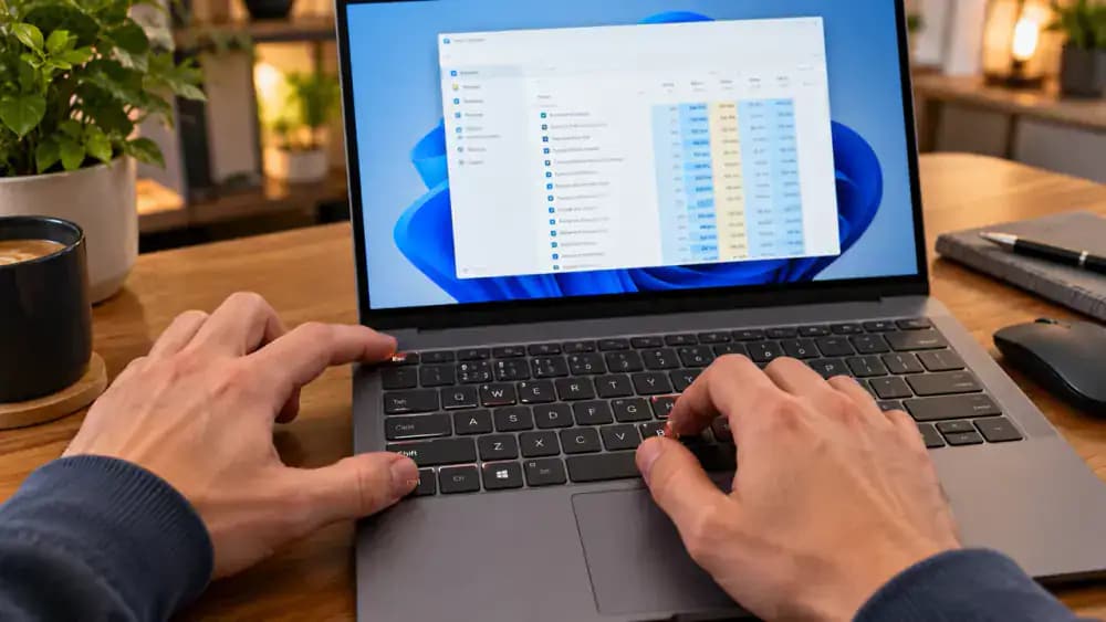 Windows 11 desktop showing Task Manager open to the Processes page with CPU, Memory, Disk, and Network columns, alongside a keyboard close-up highlighting Ctrl, Shift, and Esc.