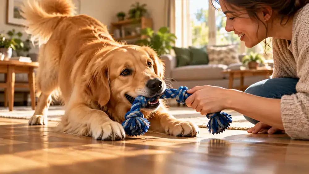 Dog gently picking up a blue braided rope toy as its owner offers a treat on a wooden floor.