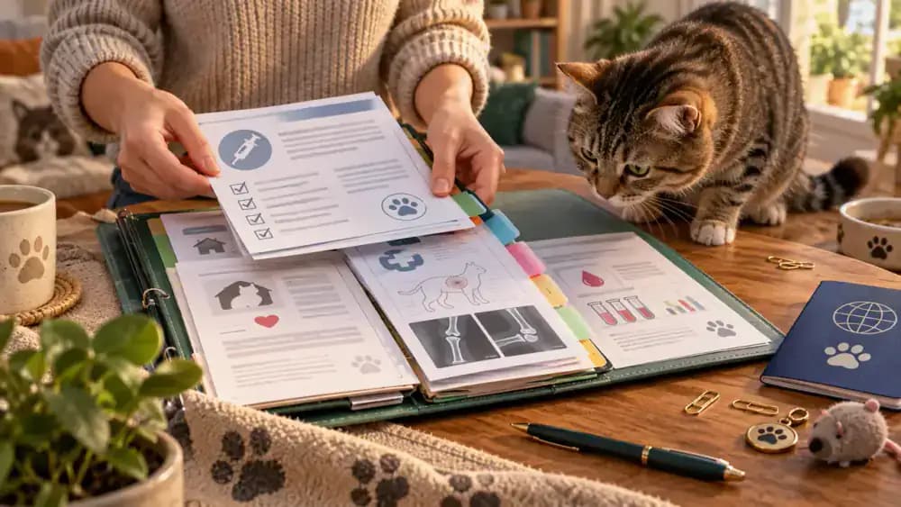 Pet owner organizing vaccination records, adoption paperwork, and laboratory reports while a tabby cat watches