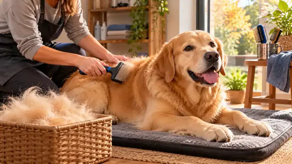 Golden Retriever resting comfortably on a soft mat in a sunlit grooming corner while its owner finishes gentle brushing, offers a treat, and checks the coat beside a weekly grooming planner.