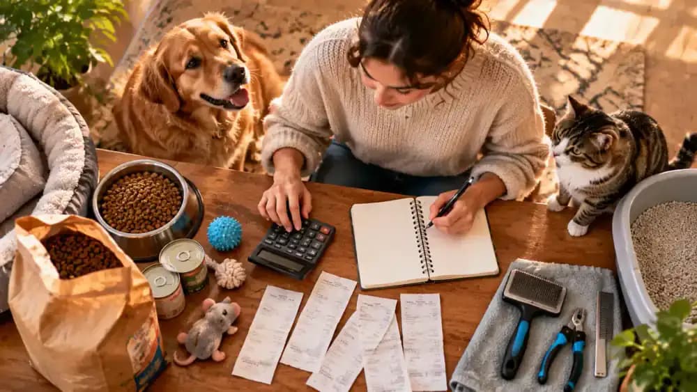 Adopter organizes pet food, litter, a carrier, grooming supplies, receipts, and a calculator while reviewing monthly expenses and veterinary emergency savings on a laptop.
