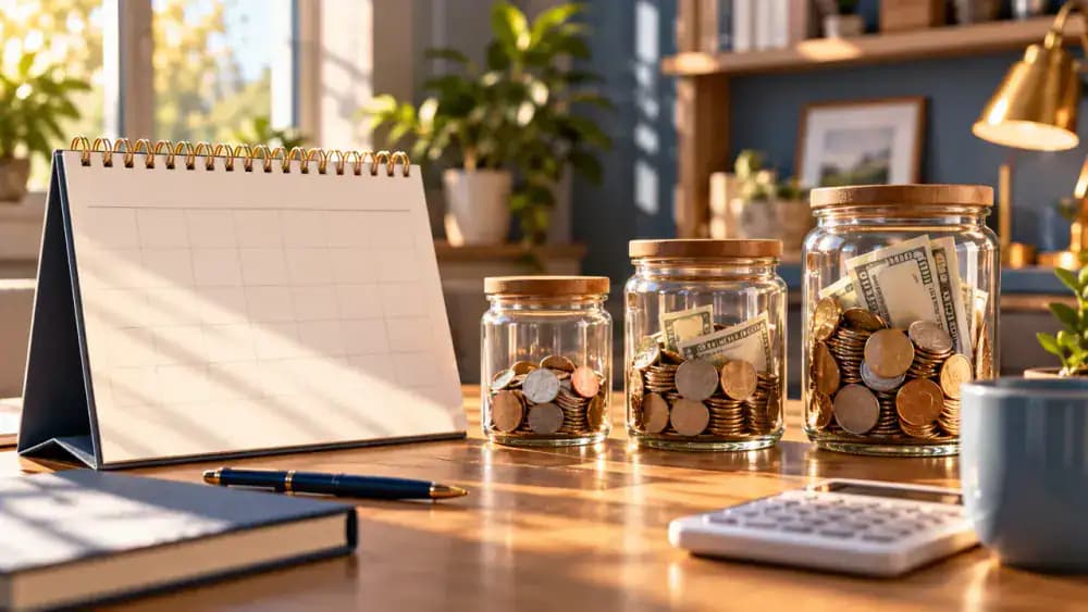 Calendar pages arranged beside several savings jars representing different coverage periods.