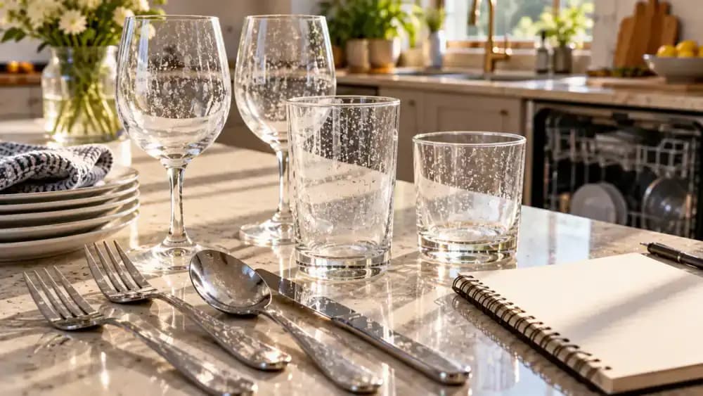 Person at a bright kitchen island comparing a clear drinking glass with a cloudy white-spotted glass and a water-spotted stainless steel spoon while reviewing handwritten dishwasher maintenance notes.