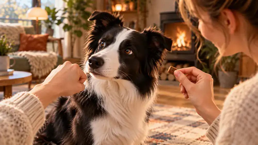 Close-up of a dog's nose moving away from an owner's closed fist while the owner's other hand offers a training treat.